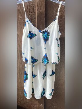 BeBop White Sleeveless Top with Blue & Teal Aztec Print size small